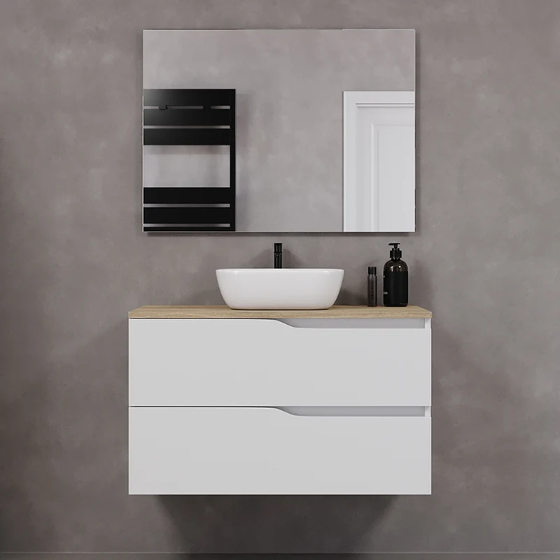 Meuble de salle de bain 90cm avec plateau et vasque à poser zeus - sans miroir - 2 tiroirs - LUNA