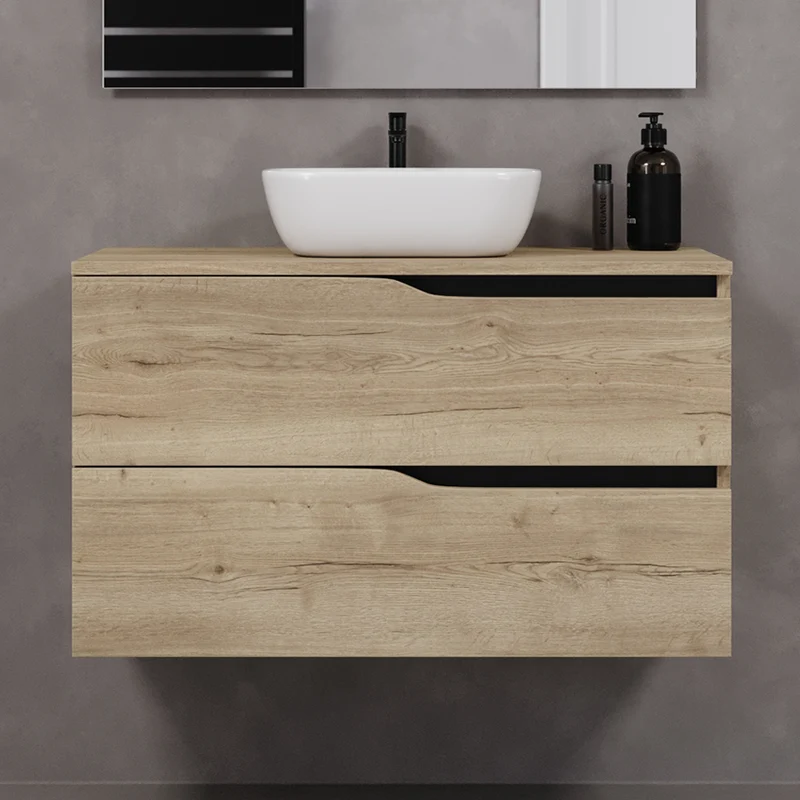 Meuble de salle de bain 90cm avec plateau et vasque à poser zeus - sans miroir - 2 tiroirs - LUNA
