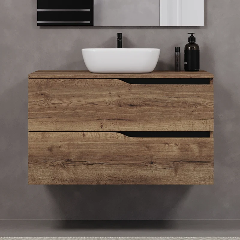 Meuble de salle de bain 90cm avec plateau et vasque à poser zeus - sans miroir - 2 tiroirs - LUNA