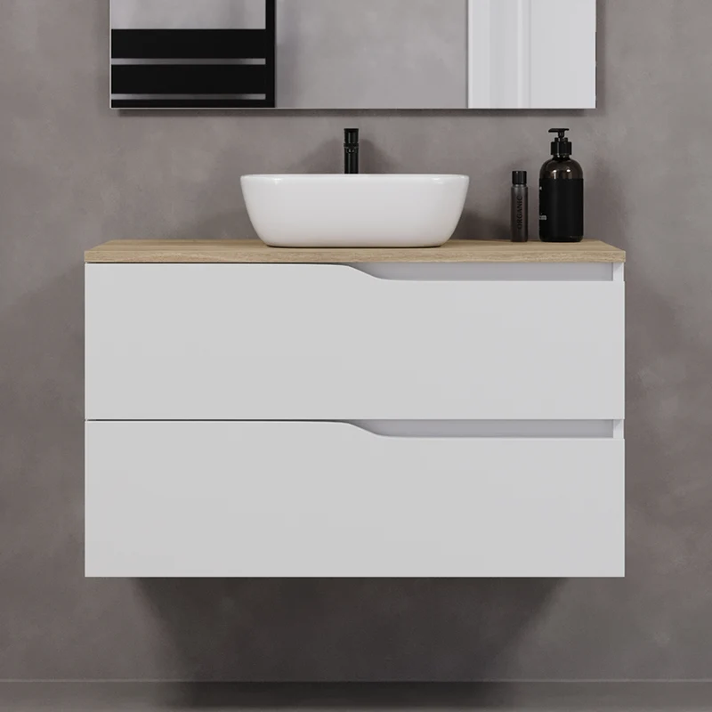 Meuble de salle de bain 90cm avec plateau et vasque à poser zeus - sans miroir - 2 tiroirs - LUNA