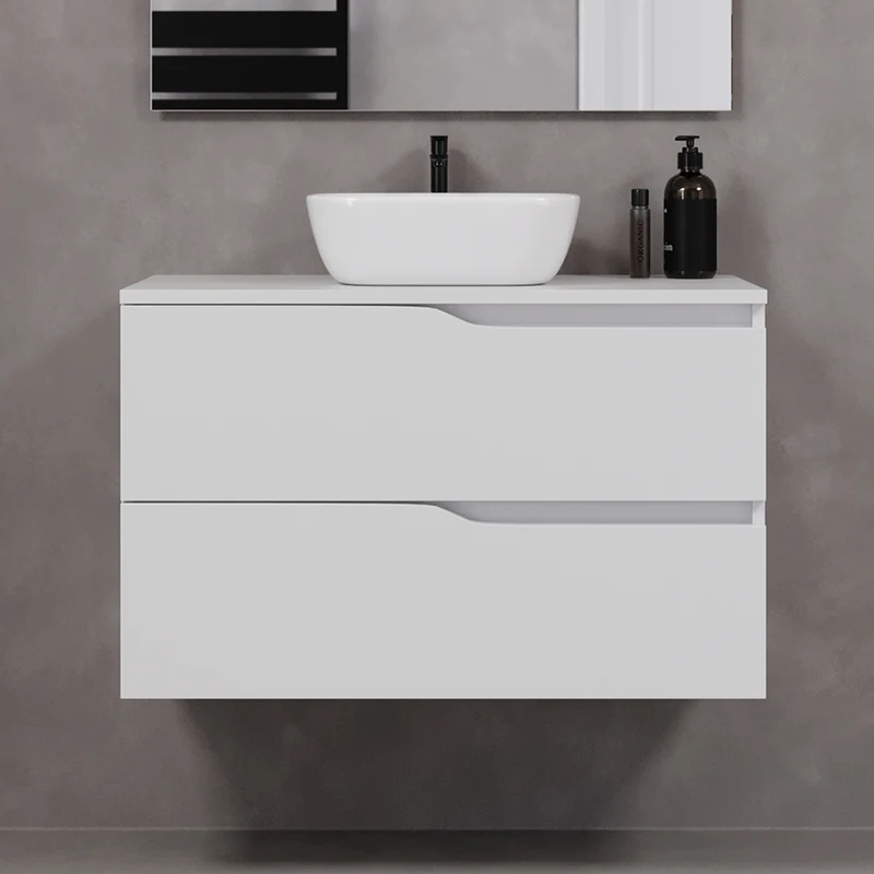 Meuble de salle de bain 90cm avec plateau et vasque à poser zeus - sans miroir - 2 tiroirs - LUNA