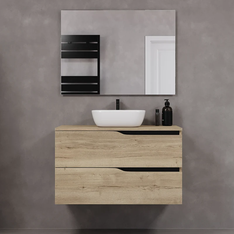 Meuble de salle de bain 90cm avec plateau et vasque à poser zeus - sans miroir - 2 tiroirs - LUNA