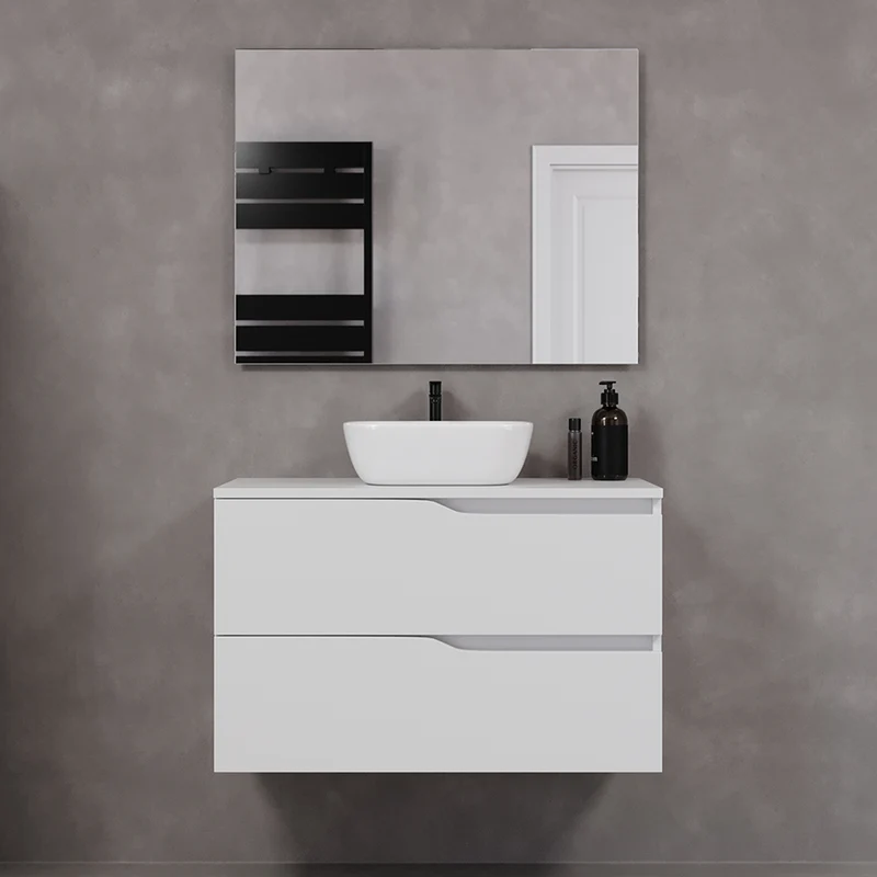 Meuble de salle de bain 90cm avec plateau et vasque à poser zeus - sans miroir - 2 tiroirs - LUNA
