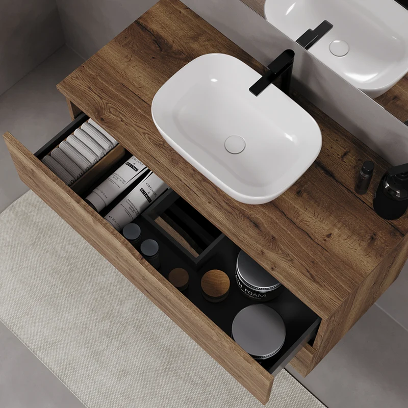 Meuble de salle de bain 100cm avec plateau et vasque à poser zeus - 2 tiroirs - LUNA
