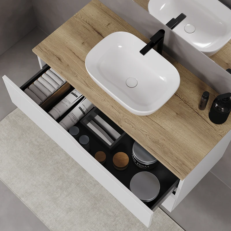 Meuble de salle de bain 100cm avec plateau et vasque à poser zeus - 2 tiroirs - LUNA