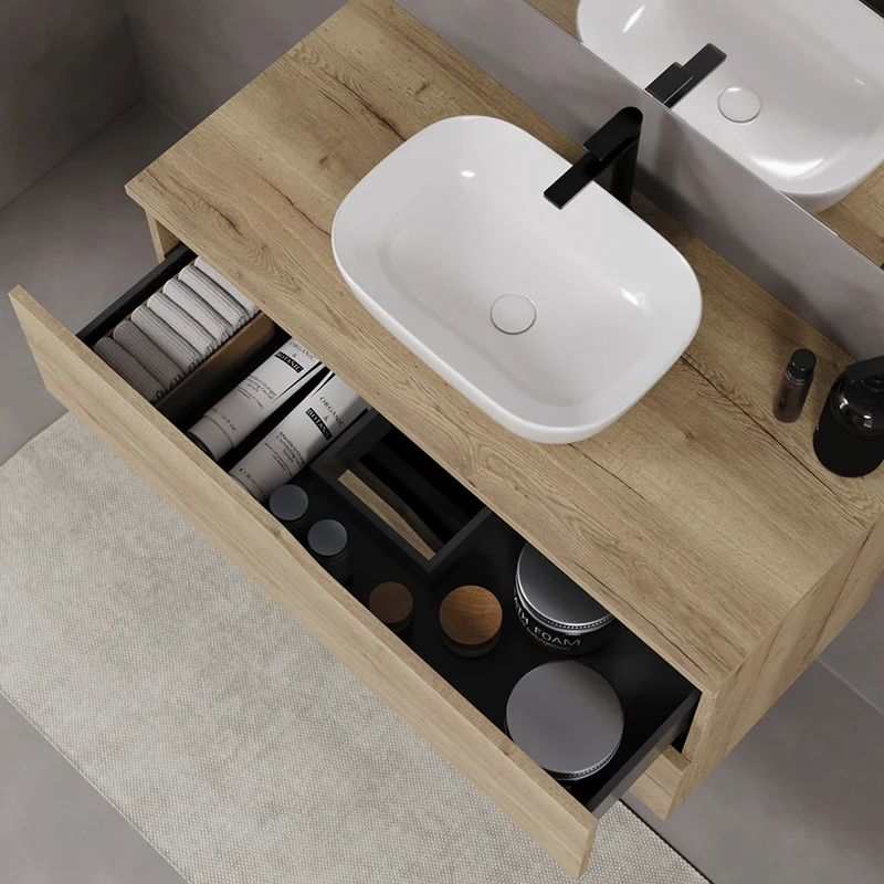 Meuble de salle de bain 100cm avec plateau et vasque à poser zeus - 2 tiroirs - LUNA