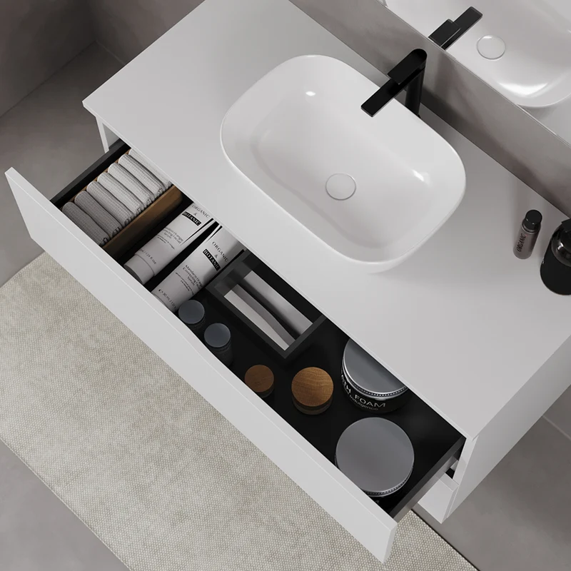 Meuble de salle de bain 100cm avec plateau et vasque à poser zeus - 2 tiroirs - LUNA