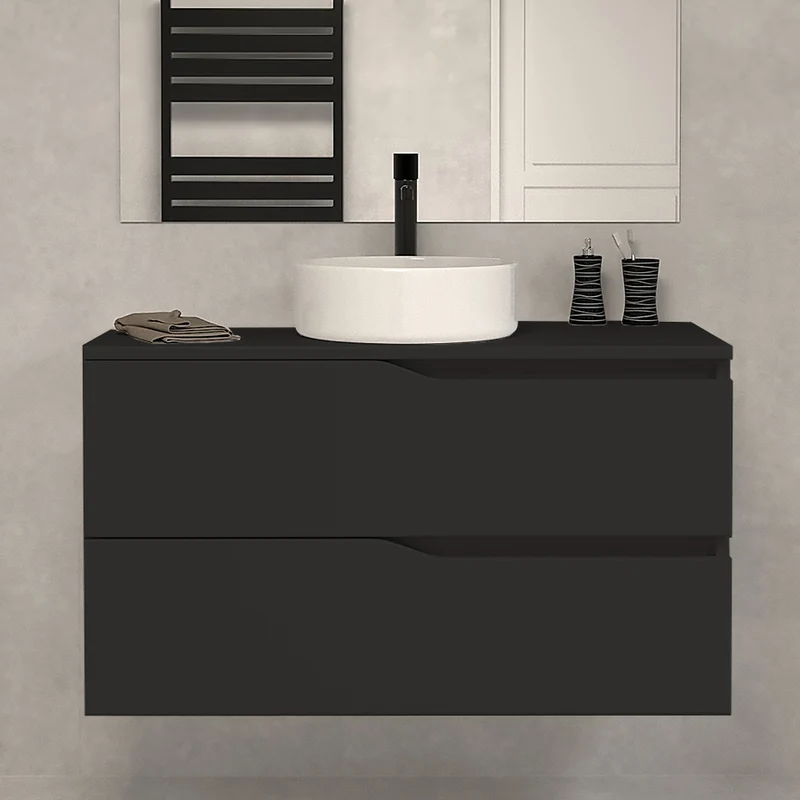 Meuble de salle de bain 100 avec plateau et vasque à poser - 2 tiroirs - LUNA