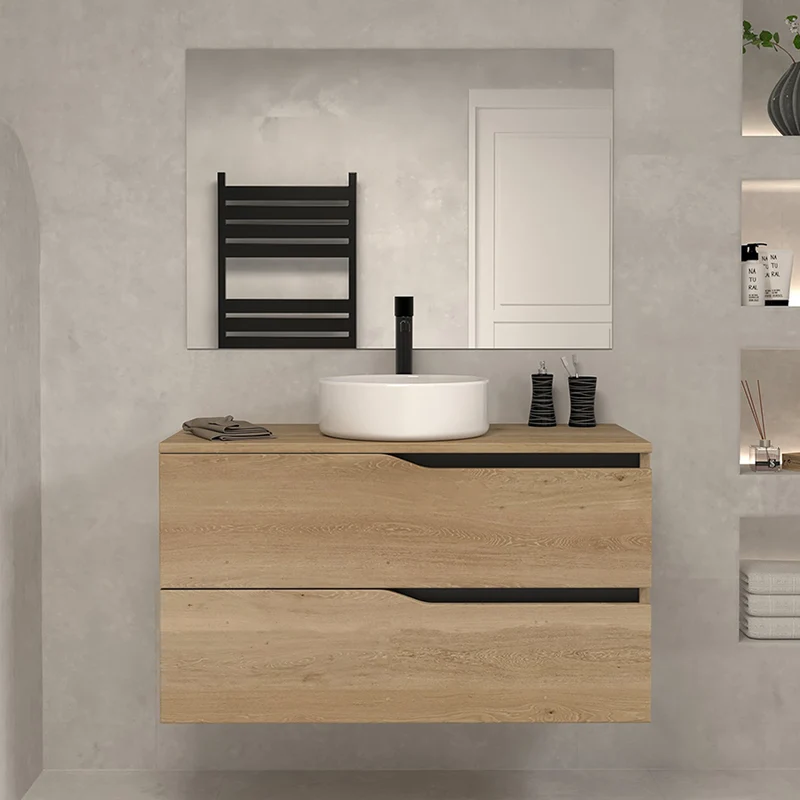 Meuble de salle de bain 100 avec plateau et vasque à poser - 2 tiroirs - LUNA
