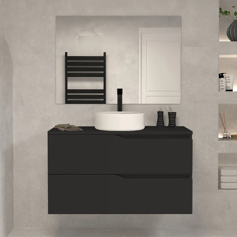 Meuble de salle de bain 100 avec plateau et vasque à poser - 2 tiroirs - LUNA
