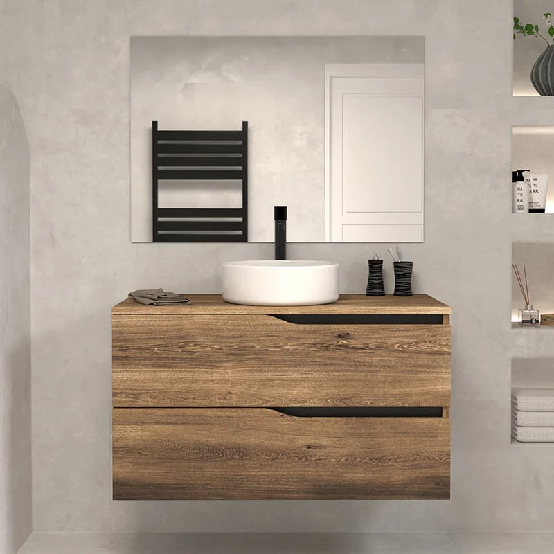 Meuble de salle de bain 100 avec plateau et vasque à poser - 2 tiroirs - LUNA