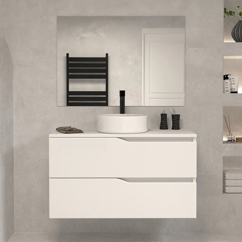 Meuble de salle de bain 100 avec plateau et vasque à poser - 2 tiroirs - LUNA