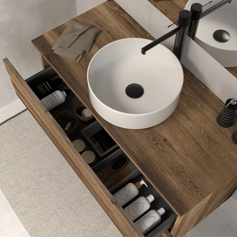 Meuble de salle de bain 80 avec plateau et vasque à poser - 2 tiroirs - LUNA