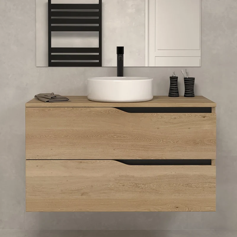 Meuble de salle de bain 100 avec plateau et vasque à poser - 2 tiroirs - LUNA