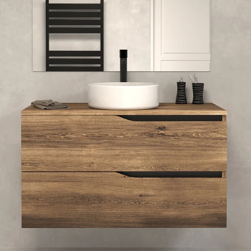 Meuble de salle de bain 100 avec plateau et vasque à poser - 2 tiroirs - LUNA