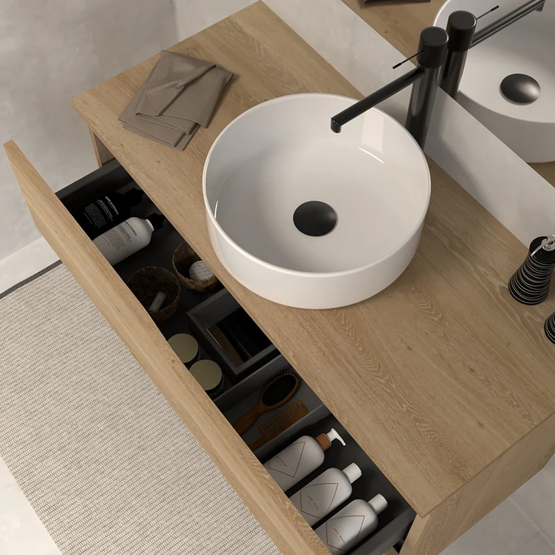 Meuble de salle de bain 80 avec plateau et vasque à poser - 2 tiroirs - LUNA