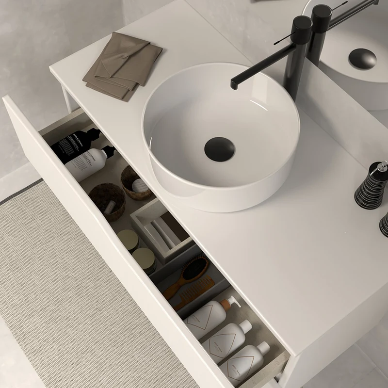 Meuble de salle de bain 80 avec plateau et vasque à poser - 2 tiroirs - LUNA