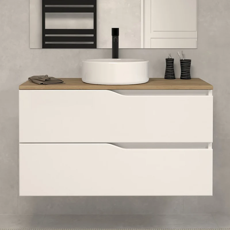Meuble de salle de bain 90cm avec plateau et vasque à poser - 2 tiroirs - LUNA