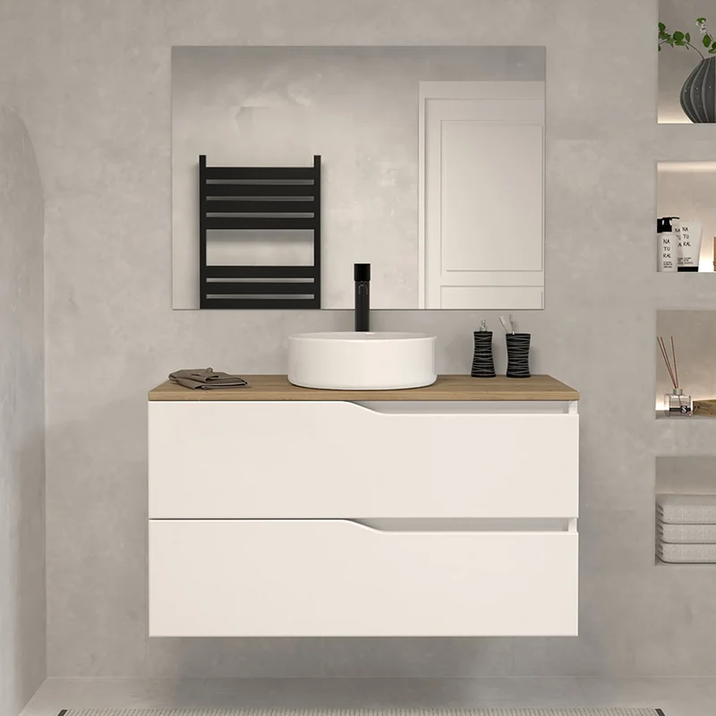 Meuble de salle de bain 100 avec plateau et vasque à poser - 2 tiroirs - LUNA
