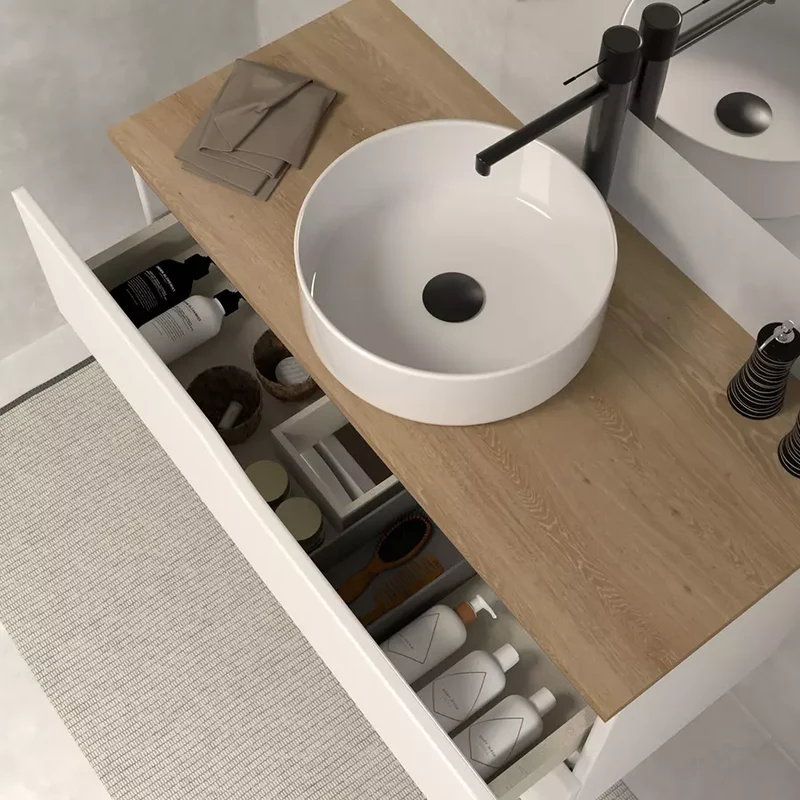 Meuble de salle de bain 90cm avec plateau et vasque à poser - 2 tiroirs - LUNA