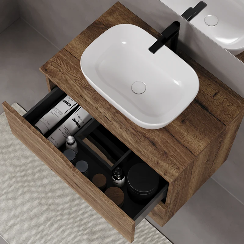 Meuble de salle de bain 70cm avec plateau et vasque à poser zeus - 2 tiroirs - LUNA