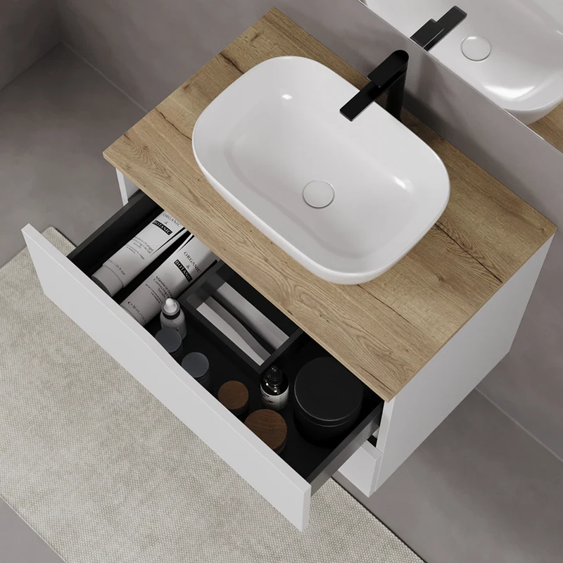 Meuble de salle de bain 70cm avec plateau et vasque à poser zeus - 2 tiroirs - LUNA