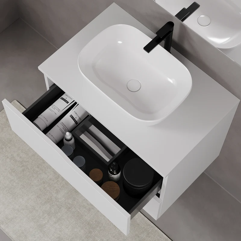 Meuble de salle de bain 70cm avec plateau et vasque à poser zeus - 2 tiroirs - LUNA