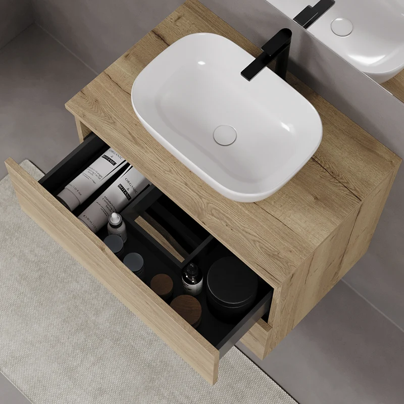 Meuble de salle de bain 70cm avec plateau et vasque à poser zeus - 2 tiroirs - LUNA