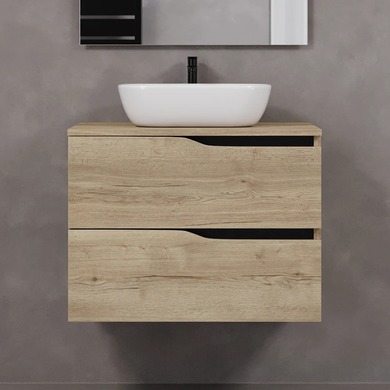 Meuble de salle de bain 80cm avec plateau et vasque à poser zeus - 2 tiroirs - LUNA