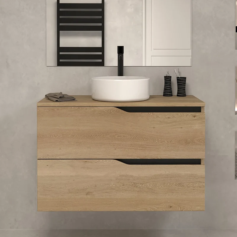 Meuble de salle de bain 80 avec plateau et vasque à poser - 2 tiroirs - LUNA