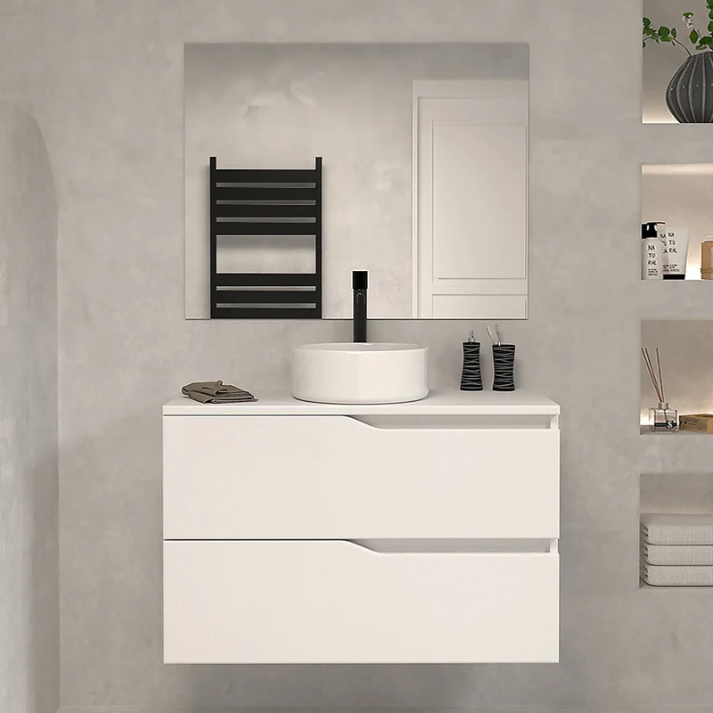 Meuble de salle de bain 80 avec plateau et vasque à poser - 2 tiroirs - LUNA