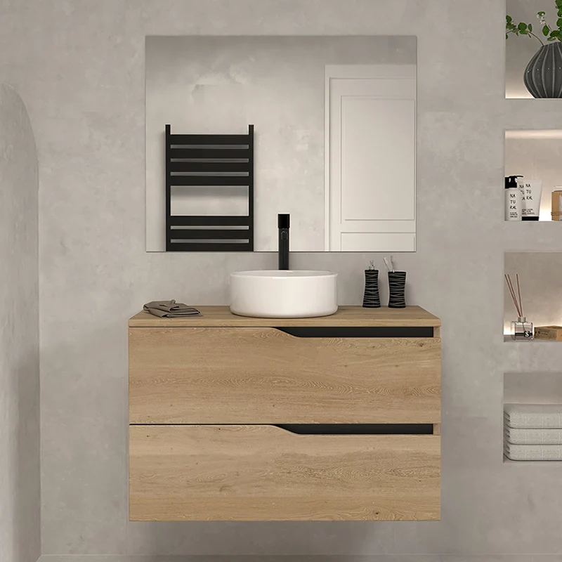 Meuble de salle de bain 80 avec plateau et vasque à poser - 2 tiroirs - LUNA