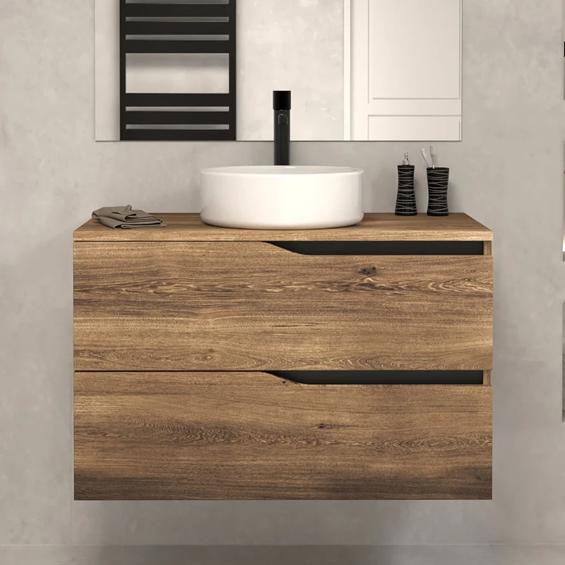 Meuble de salle de bain 80 avec plateau et vasque à poser - 2 tiroirs - LUNA