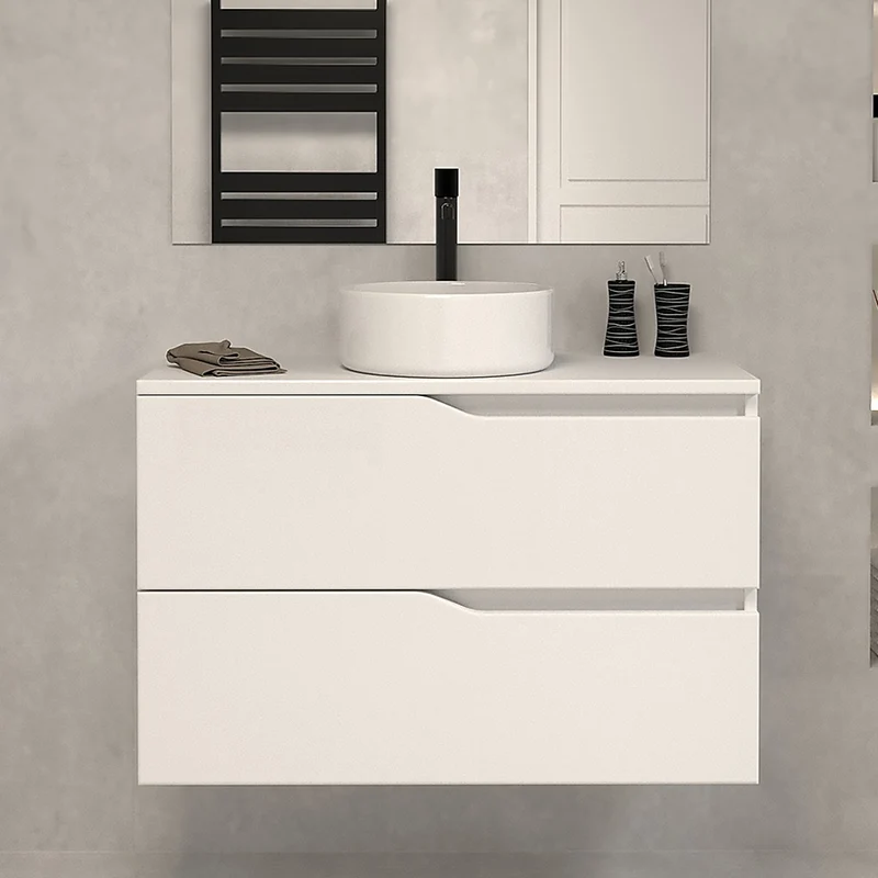 Meuble de salle de bain 80 avec plateau et vasque à poser - 2 tiroirs - LUNA