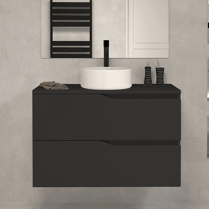 Meuble de salle de bain 80 avec plateau et vasque à poser - 2 tiroirs - LUNA