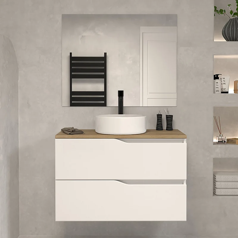 Meuble de salle de bain 80 avec plateau et vasque à poser - 2 tiroirs - LUNA