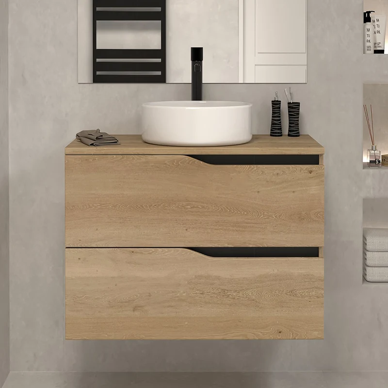 Meuble de salle de bain 70cm avec plateau et vasque à poser - 2 tiroirs - LUNA