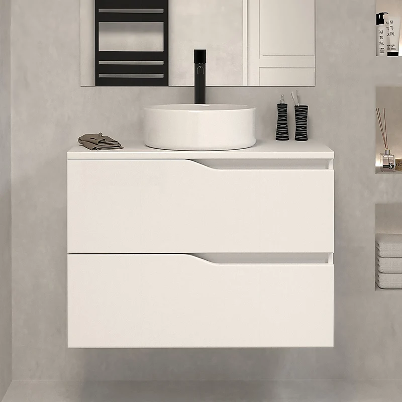 Meuble de salle de bain 70cm avec plateau et vasque à poser - 2 tiroirs - LUNA