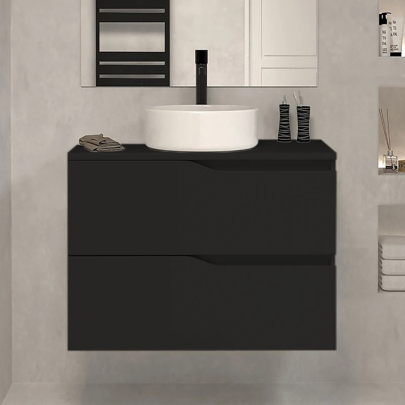 Meuble de salle de bain 70cm avec plateau et vasque à poser - 2 tiroirs - LUNA