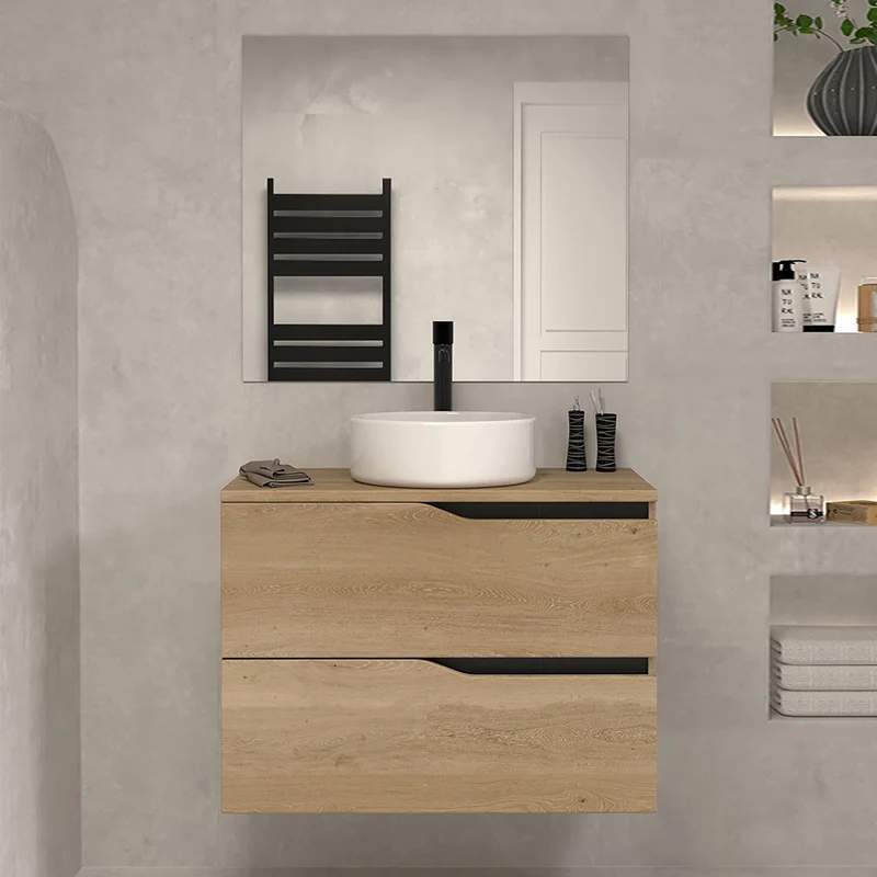 Meuble de salle de bain 70cm avec plateau et vasque à poser - 2 tiroirs - LUNA