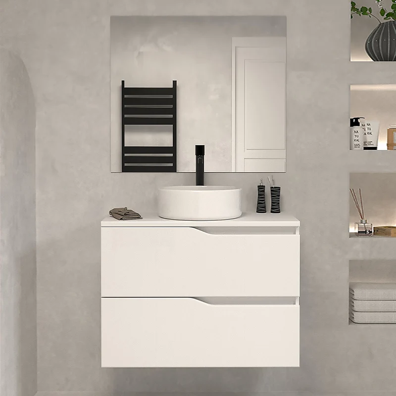 Meuble de salle de bain 70cm avec plateau et vasque à poser - 2 tiroirs - LUNA
