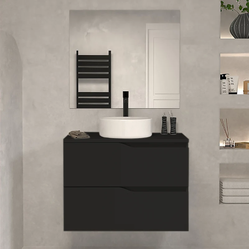 Meuble de salle de bain 70cm avec plateau et vasque à poser - 2 tiroirs - LUNA