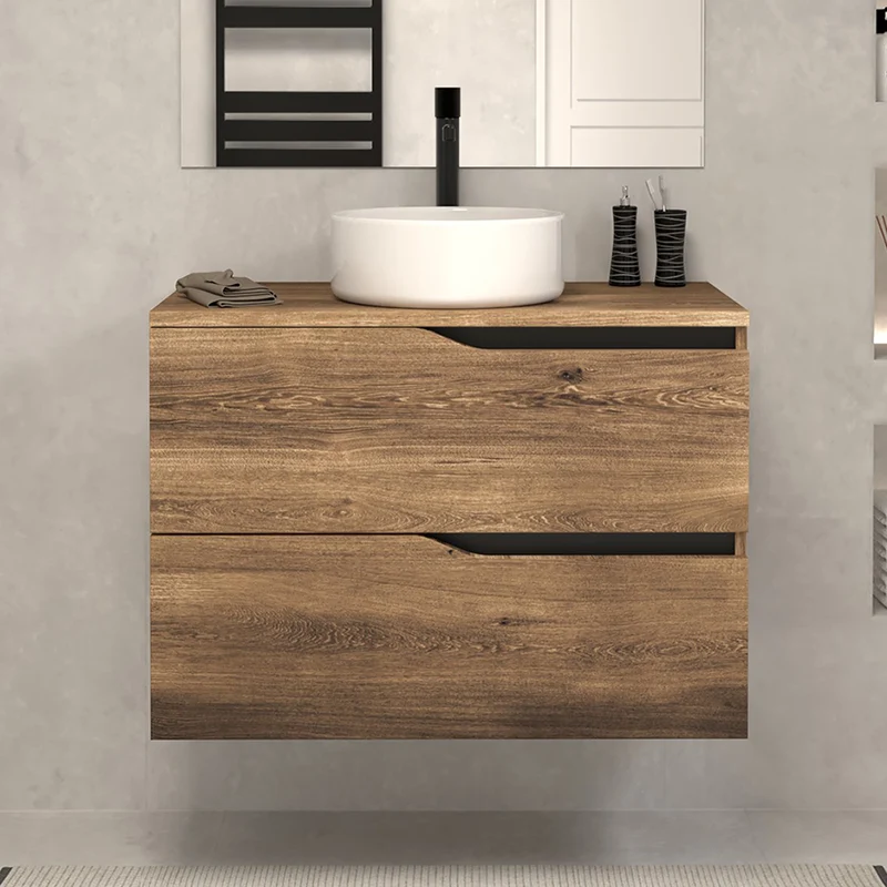 Meuble de salle de bain 70cm avec plateau et vasque à poser - 2 tiroirs - LUNA