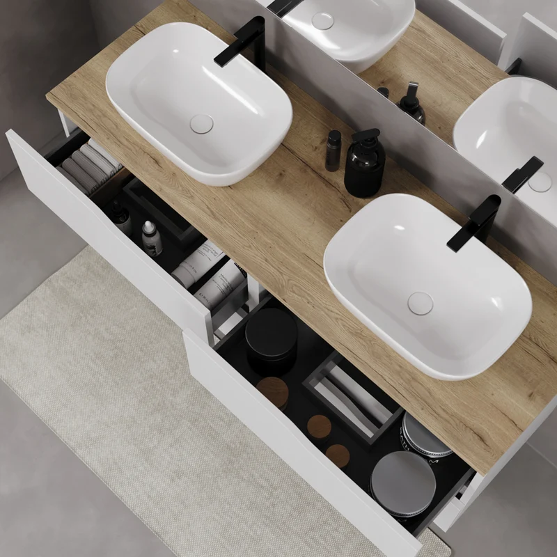 Meuble de salle de bain 140cm avec plateau et deux vasques à poser zeus - 4 tiroirs - LUNA