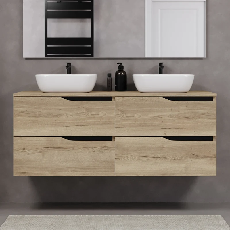 Meuble de salle de bain 140cm avec plateau et deux vasques à poser zeus - 4 tiroirs - LUNA
