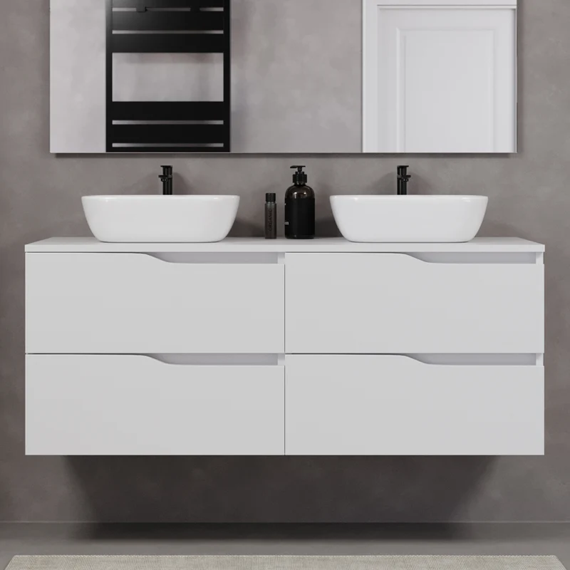 Meuble de salle de bain 140cm avec plateau et deux vasques à poser zeus - 4 tiroirs - LUNA
