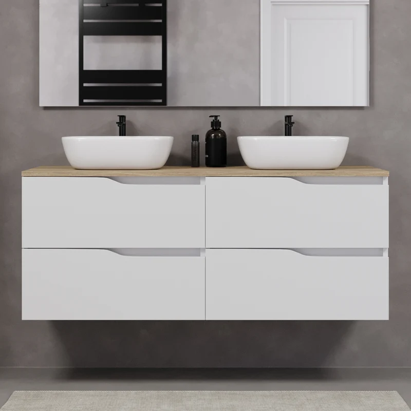 Meuble de salle de bain 140cm avec plateau et deux vasques à poser zeus - 4 tiroirs - LUNA