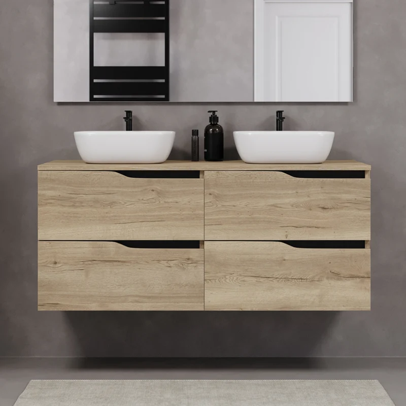 Meuble de salle de bain 120cm avec plateau et 2 vasques à poser Zeus - 4 tiroirs - LUNA