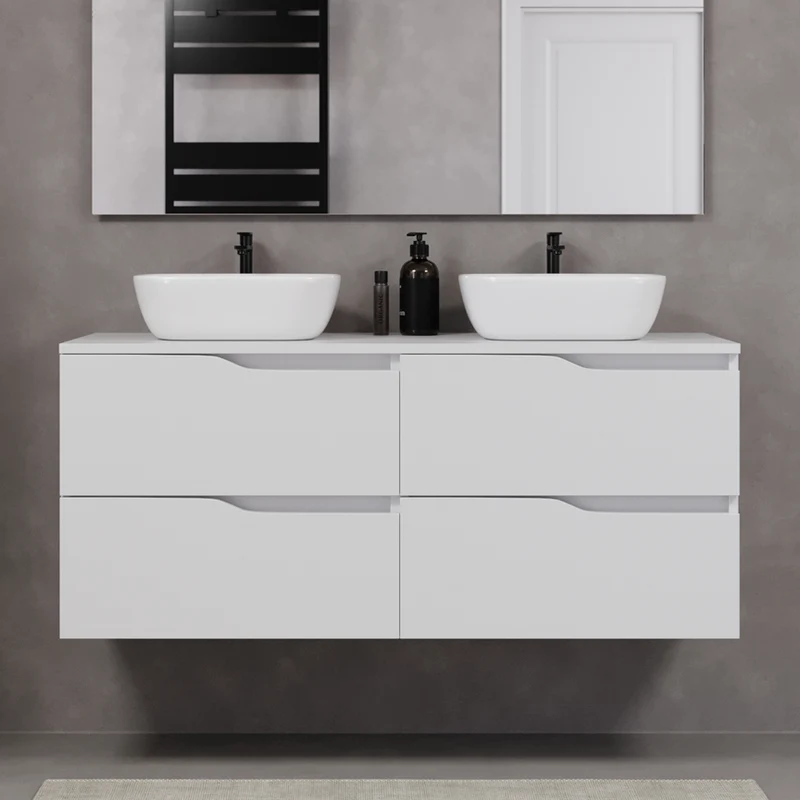 Meuble de salle de bain 120cm avec plateau et 2 vasques à poser Zeus - 4 tiroirs - LUNA