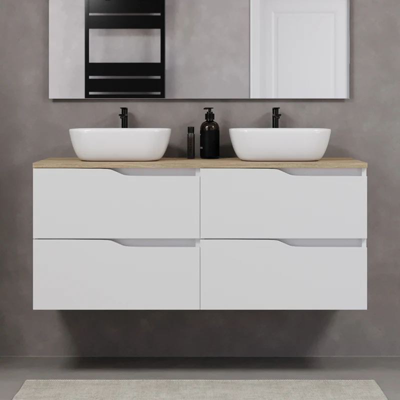 Meuble de salle de bain 120cm avec plateau et 2 vasques à poser Zeus - 4 tiroirs - LUNA